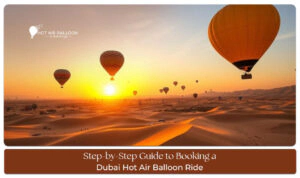 Hot air balloon flying over Dubai desert at sunrise view