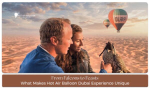 Hot air balloon over Dubai desert sunrise view